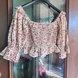 Olivaceous Cream and Red Floral Smocked Blouse 100%Linen